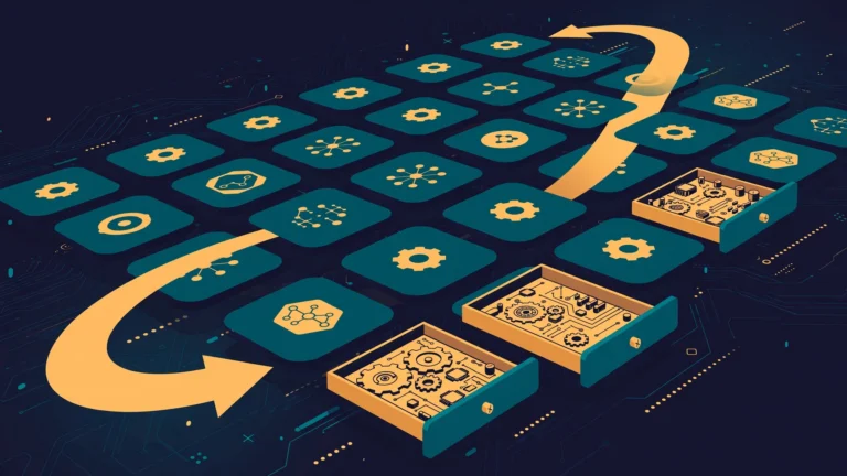 Abstract illustration of an app-store icon grid with drawers revealing app internals and refresh arrows