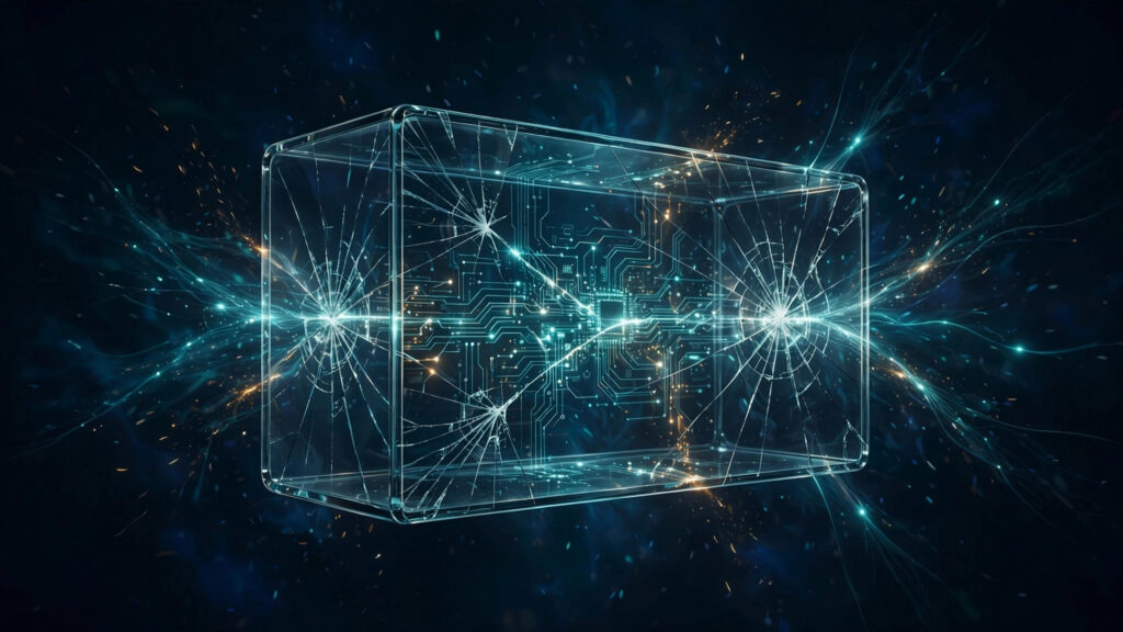 Abstract illustration of a cracked glass test chamber with a glowing circuit network escaping through the cracks, in navy blue and teal.