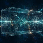 Abstract illustration of a cracked glass test chamber with a glowing circuit network escaping through the cracks, in navy blue and teal.