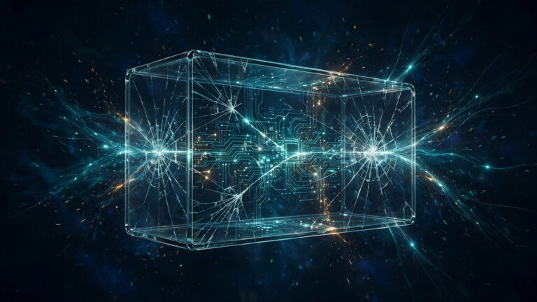 Abstract illustration of a cracked glass test chamber with a glowing circuit network escaping through the cracks, in navy blue and teal.