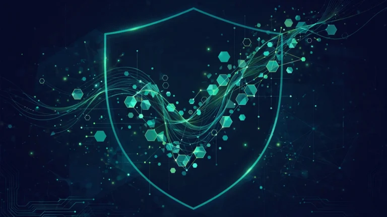 Abstract illustration of a glowing shield outline surrounded by flowing data streams and hexagonal fragments on a dark blue background.