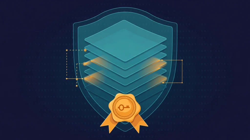 Abstract illustration of layered file sheets forming a shield with a seal, representing Android APK signature schemes