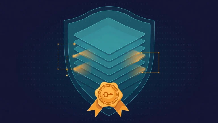 Abstract illustration of layered file sheets forming a shield with a seal, representing Android APK signature schemes