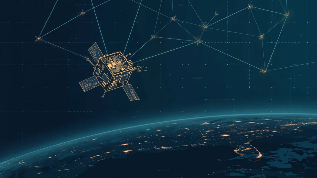 Abstract illustration of a satellite constellation with laser links above Earth's night horizon