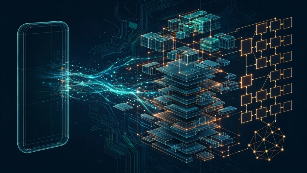 Abstract illustration of deconstructed mobile game binary with glowing code blocks and data streams flowing from a smartphone into class diagrams.