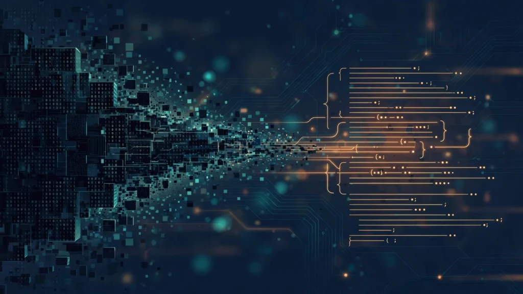 Abstract illustration showing dense binary code blocks dissolving into readable lines of source code