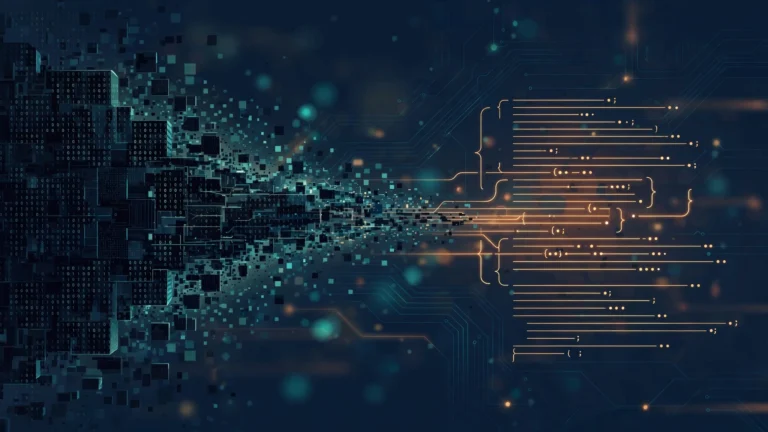 Abstract illustration showing dense binary code blocks dissolving into readable lines of source code