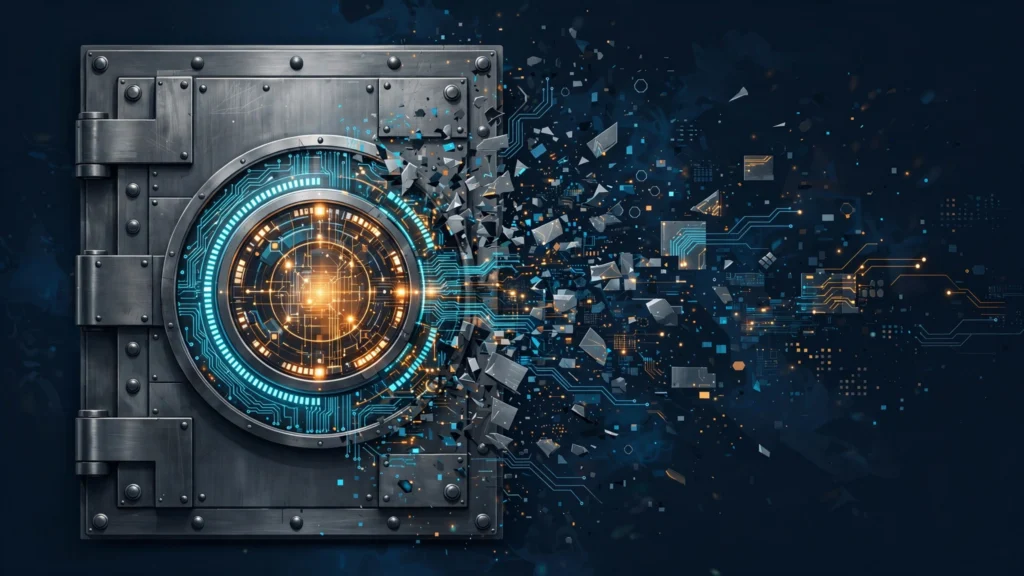 Illustration of a bank vault door with a glowing digital lock dissolving into data fragments, representing the Bitget crypto exchange hack