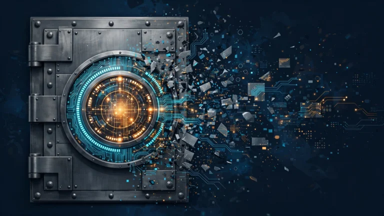 Illustration of a bank vault door with a glowing digital lock dissolving into data fragments, representing the Bitget crypto exchange hack