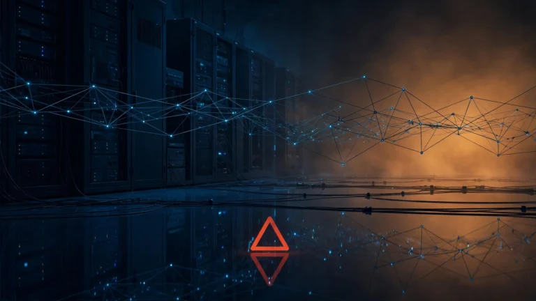 Abstract illustration of a dark server room under amber warning light with network lines, representing the Kiteworks zero-day shutdown advisory