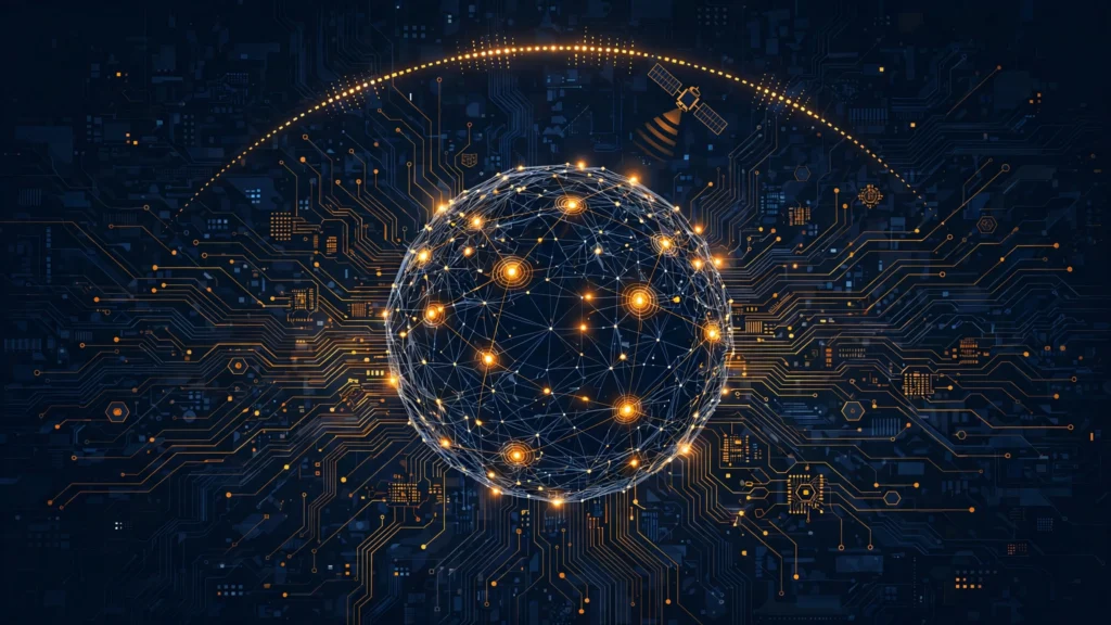 Abstract illustration of a network globe with amber alert nodes, representing cybersecurity and AI stories in today's tech news.
