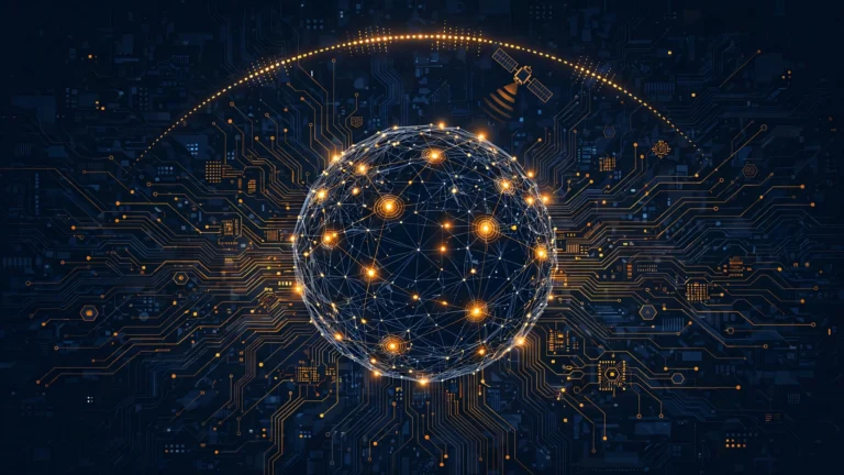 Abstract illustration of a network globe with amber alert nodes, representing cybersecurity and AI stories in today's tech news.