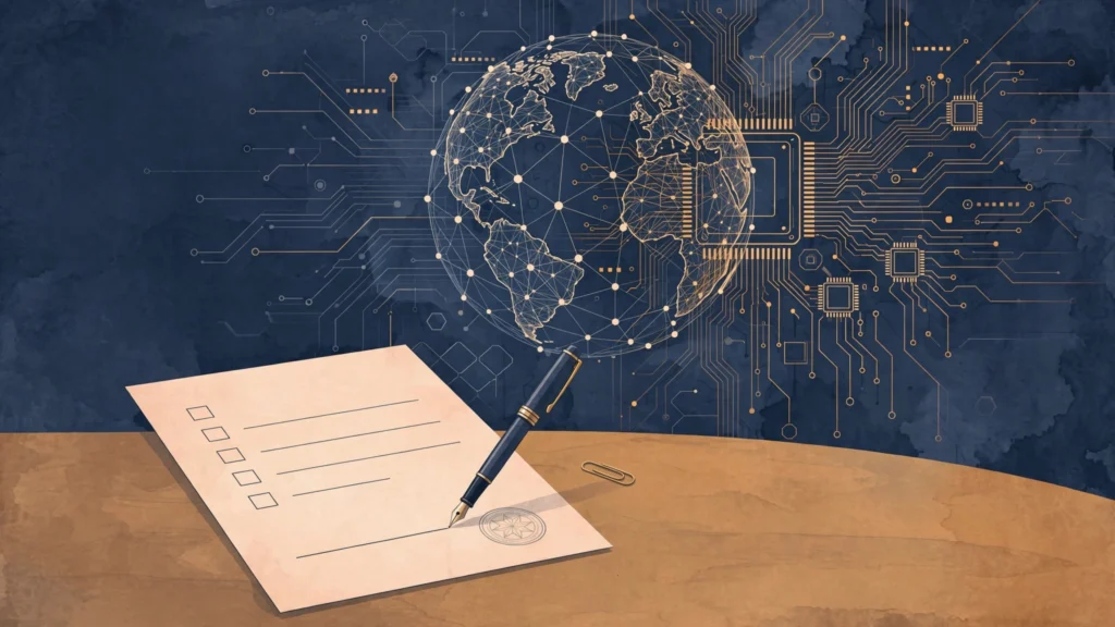Abstract editorial illustration: a signed document and fountain pen on a desk, with a wireframe globe and silicon chip circuitry behind it, for the September 30, 2026 tech news digest.