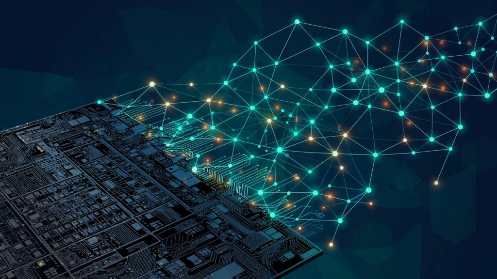 Abstract illustration of a silicon microchip die pattern merging into a glowing teal and amber network mesh on a dark blue background.