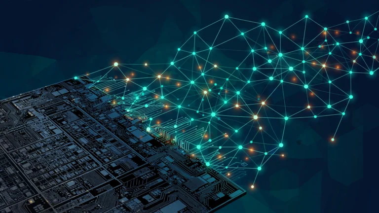 Abstract illustration of a silicon microchip die pattern merging into a glowing teal and amber network mesh on a dark blue background.