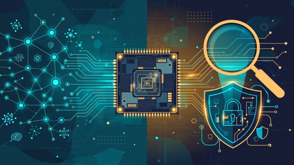 Abstract illustration of a processor chip with glowing circuit traces flowing toward AI network nodes and a shield motif, in dark navy and teal with amber accents.