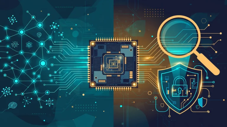 Abstract illustration of a processor chip with glowing circuit traces flowing toward AI network nodes and a shield motif, in dark navy and teal with amber accents.