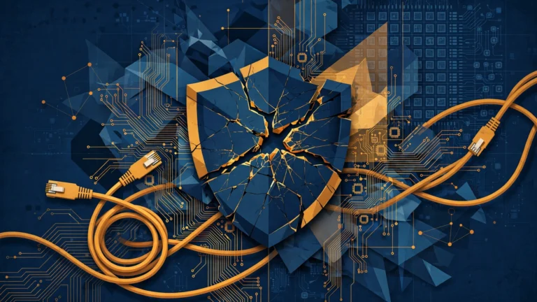 Abstract illustration of network cables, circuit traces and a cracked shield motif representing a cybersecurity incident.