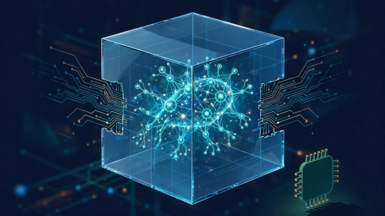 Abstract illustration of an AI agent contained inside a glass sandbox cube while a chip-shaped guardian watches