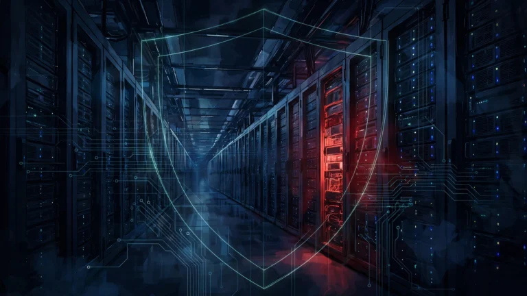 Abstract illustration of a server corridor with one highlighted rack and a shield outline