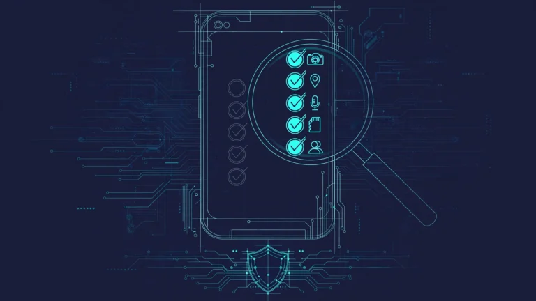 Blueprint-style illustration of a phone under a magnifying glass inspecting a checklist of app permissions, with a shield motif