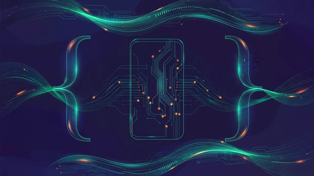 Abstract illustration of glowing JavaScript braces intertwined with a smartphone outline and circuit traces, in dark indigo and emerald tones.