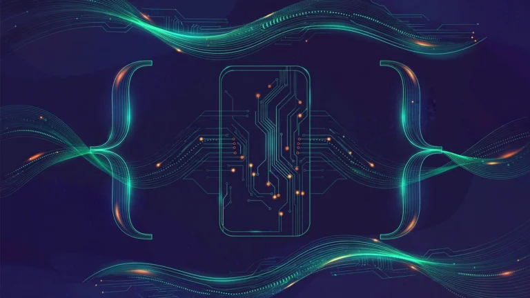 Abstract illustration of glowing JavaScript braces intertwined with a smartphone outline and circuit traces, in dark indigo and emerald tones.