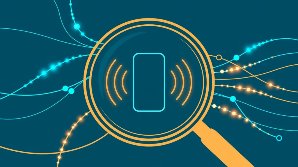 Abstract illustration of a magnifying glass over a smartphone with data packets flowing along network lines