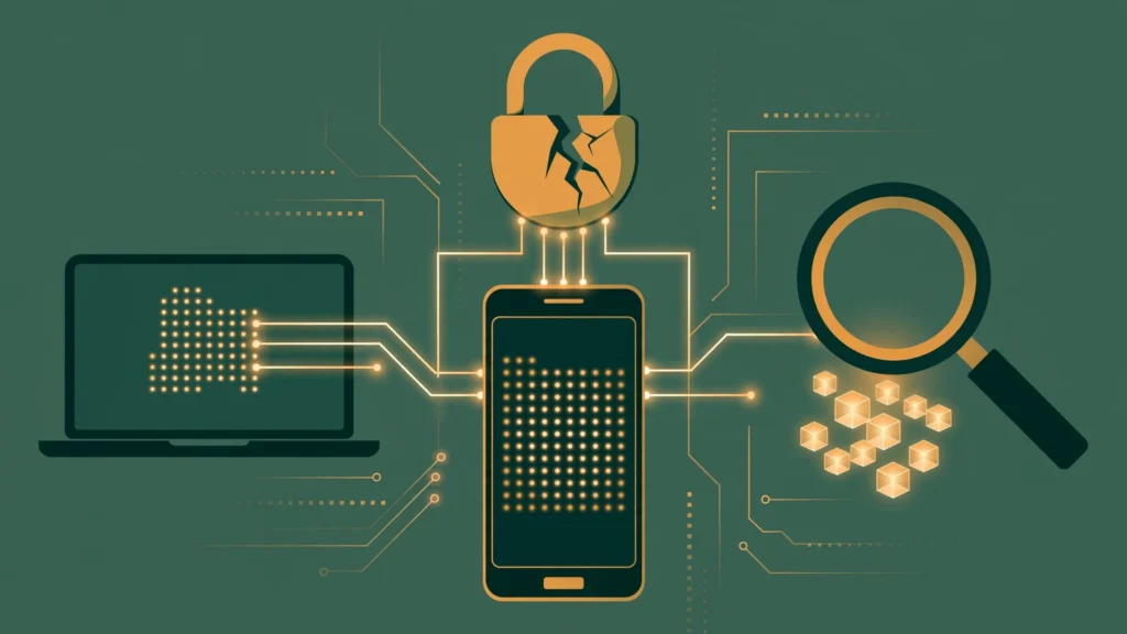 Smartphone with cracked padlock connected by circuit lines to a laptop and magnifying glass inspecting network packets.