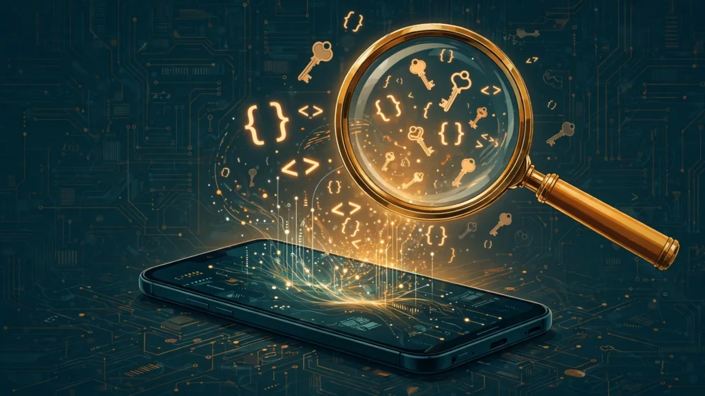 Illustration of a magnifying glass revealing key icons and code brackets rising from an Android smartphone