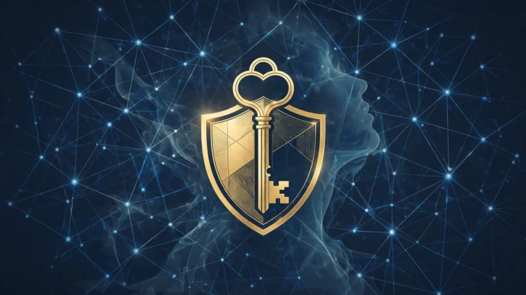 Abstract illustration of a golden key and shield over a network grid for a cybersecurity tech news post