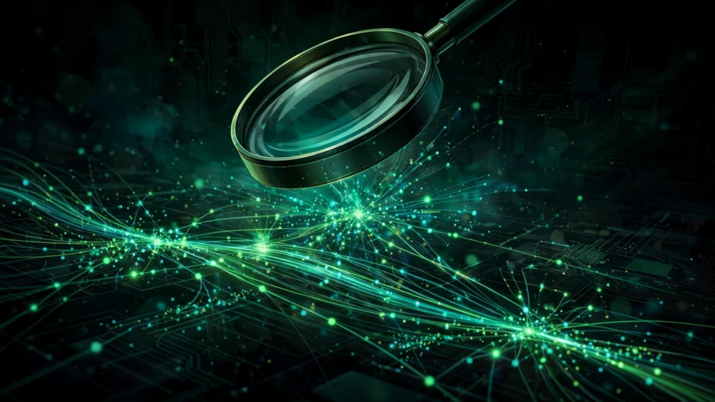 Abstract illustration of a magnifying lens over glowing green traceroutes on a circuit-board background, representing function-call tracing.