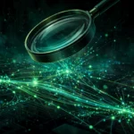 Abstract illustration of a magnifying lens over glowing green traceroutes on a circuit-board background, representing function-call tracing.