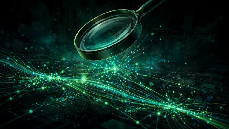 Abstract illustration of a magnifying lens over glowing green traceroutes on a circuit-board background, representing function-call tracing.