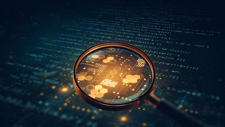 Abstract illustration of a magnifying glass over Android bytecode text for a smali tutorial