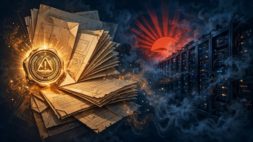 Editorial illustration of cybersecurity themes: a government document with a warning seal, a smoking data center, and a red sun accent.