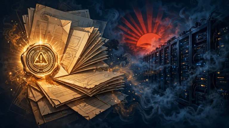 Editorial illustration of cybersecurity themes: a government document with a warning seal, a smoking data center, and a red sun accent.
