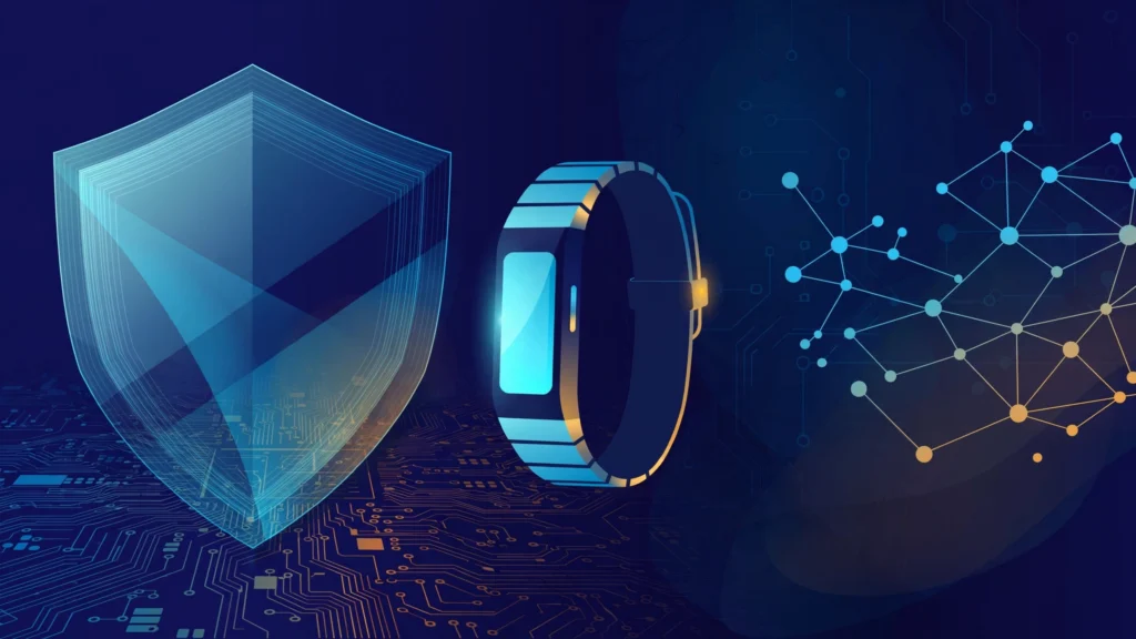 Abstract illustration: a digital shield, a fitness tracker band, and neural network nodes on a dark circuit-board background.