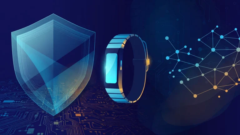 Abstract illustration: a digital shield, a fitness tracker band, and neural network nodes on a dark circuit-board background.