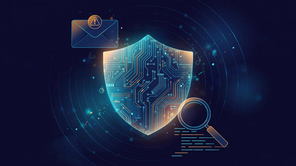 Abstract illustration of a glowing circuit-board shield with an email warning icon and a magnifying glass over code, for the October 15 tech news roundup.