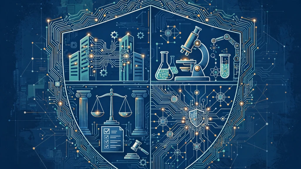 Illustration of a shield divided into four panels: corporate towers for the Proofpoint-Varonis deal, lab instruments for AI safety research, scales and a gavel for the FSB's new AI agent rules, and circuit networks for cybersecurity consolidation.