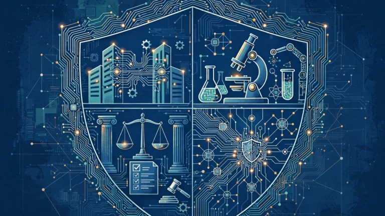 Illustration of a shield divided into four panels: corporate towers for the Proofpoint-Varonis deal, lab instruments for AI safety research, scales and a gavel for the FSB's new AI agent rules, and circuit networks for cybersecurity consolidation.
