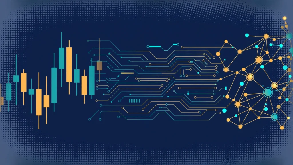 Abstract illustration of a candlestick chart blending into circuit board traces and neural network nodes