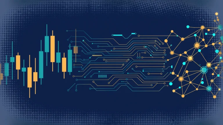 Abstract illustration of a candlestick chart blending into circuit board traces and neural network nodes
