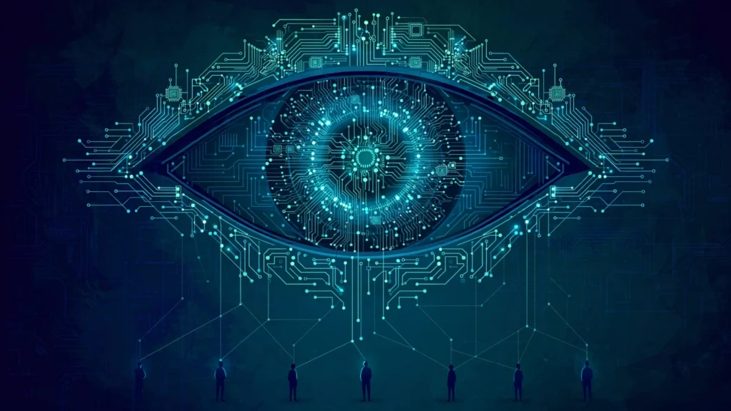 Abstract illustration of AI oversight: a large circuit-patterned eye watching small human figures below, in deep blue and teal tones.