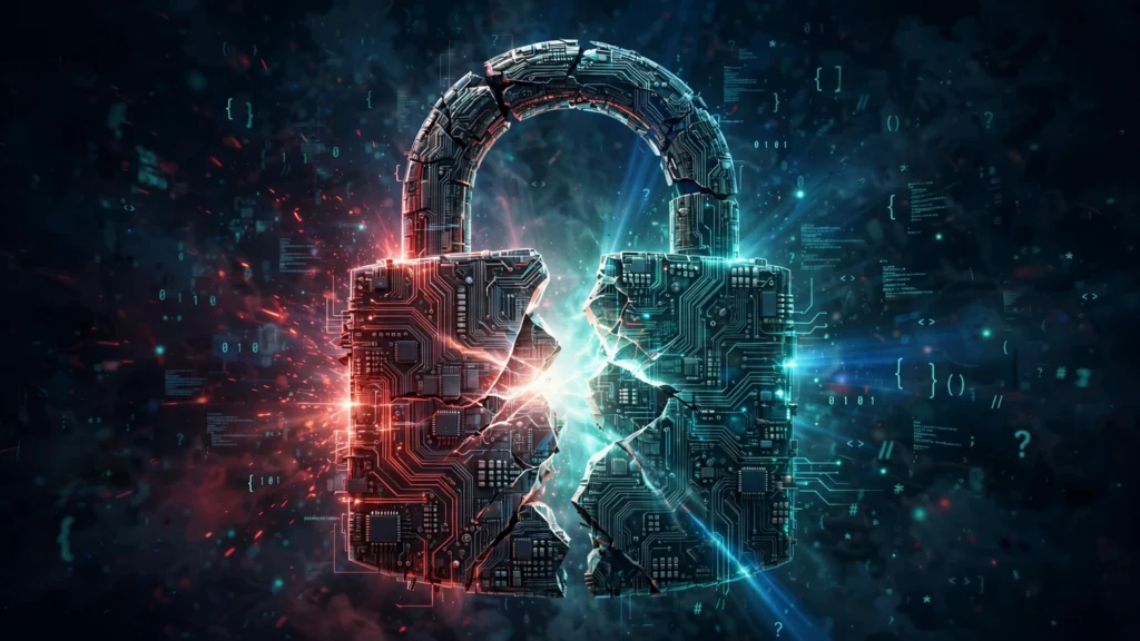 Abstract illustration of a cracked circuit-board padlock glowing red and teal on a dark background, representing disclosed software vulnerabilities.