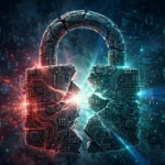 Abstract illustration of a cracked circuit-board padlock glowing red and teal on a dark background, representing disclosed software vulnerabilities.