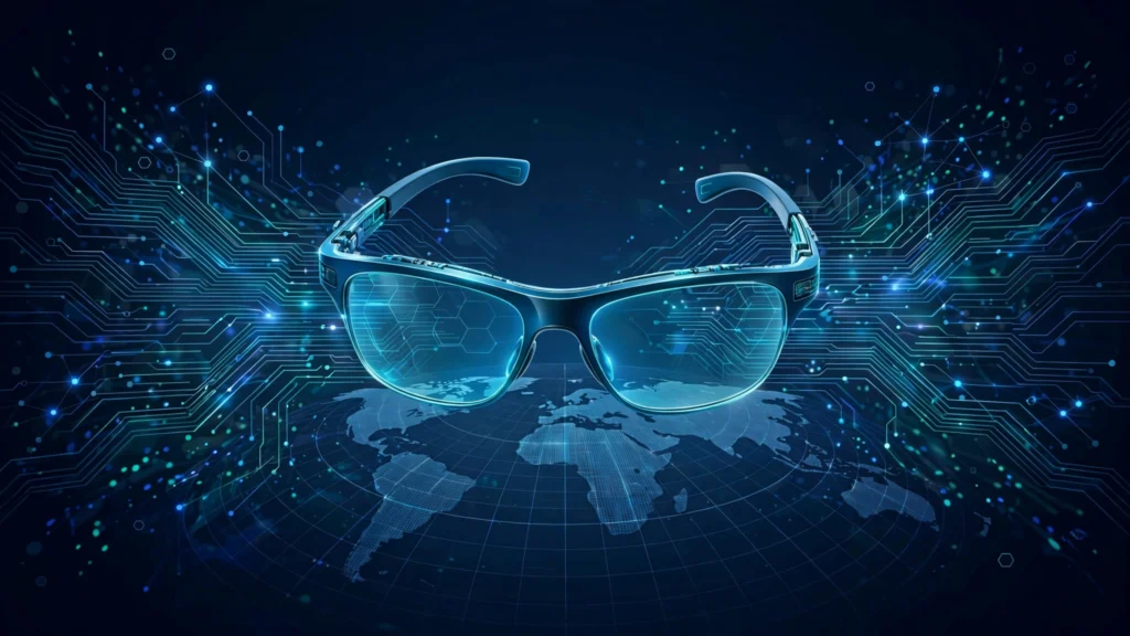 Abstract illustration of AI smart glasses with circuit motifs for a tech news roundup