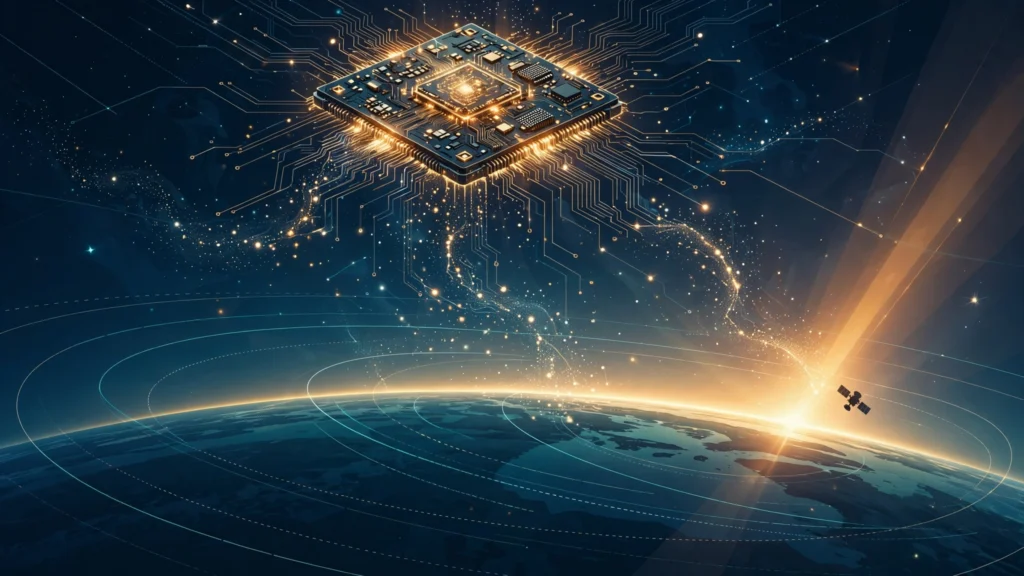 Abstract illustration of an AI processor chip in orbit above Earth at dawn