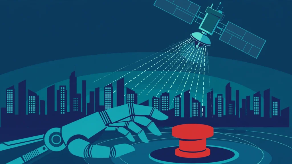 Satellite beaming signal over a city skyline with a robot hand near a red emergency stop button, illustrating October 11 tech news themes.